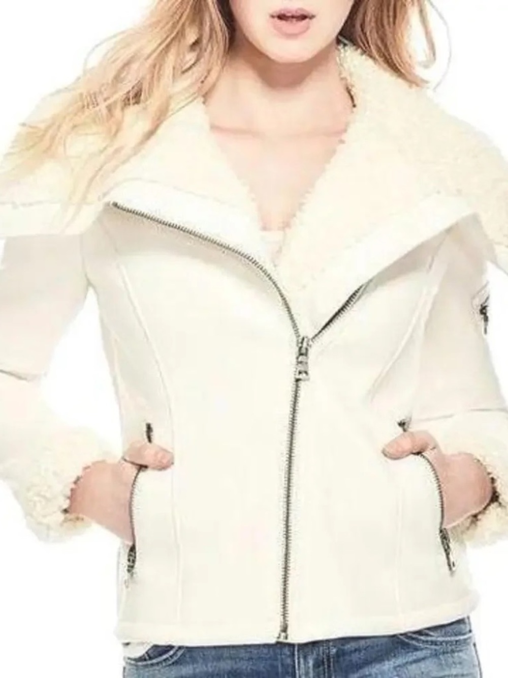GUESS Faux Leather Sherpa Moto Jacket Ivory Cream Size XS